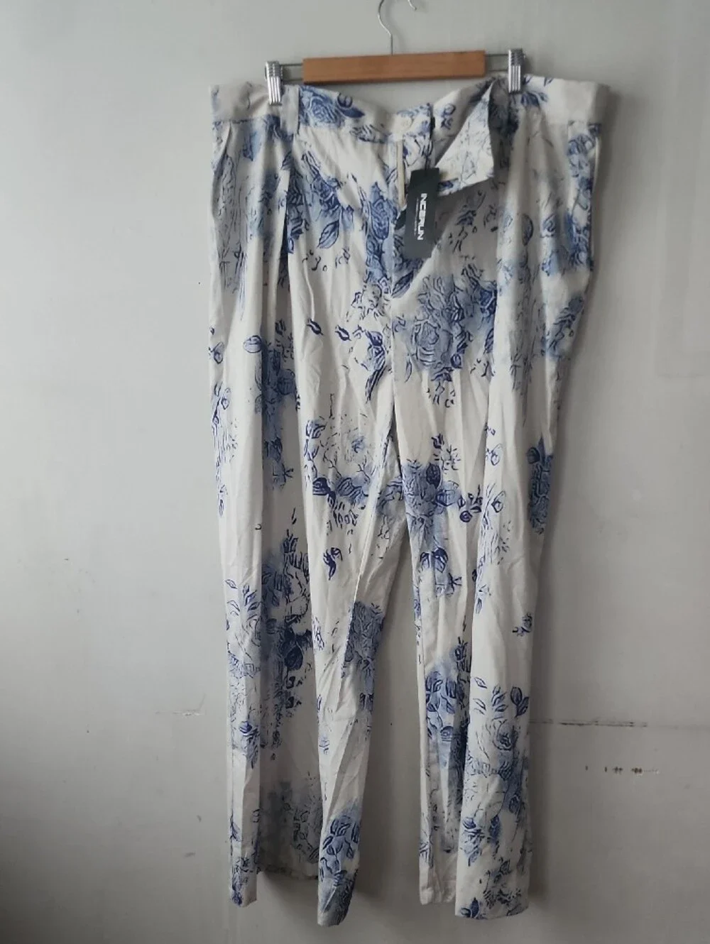 Men's White Floral Dress Pants with Blue Print